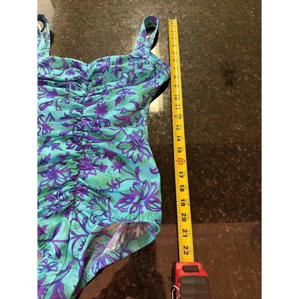 Maxine Of Hollywood Swimsuit One Piece Ruched Slimming Sz 6/8 Blue Floral Modest - Picture 9 of 12